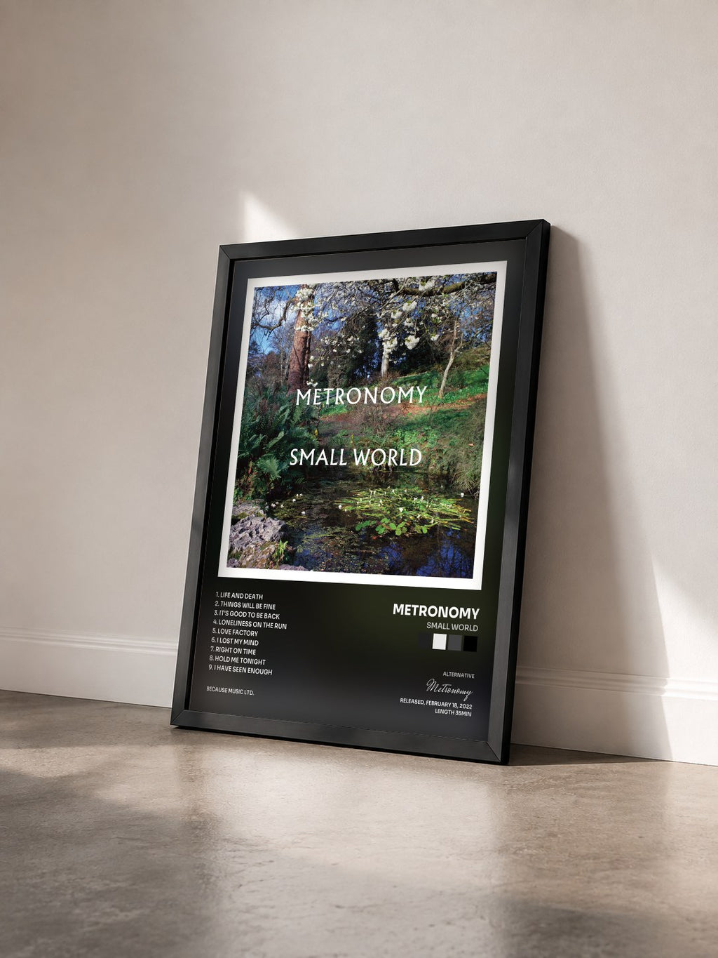#noir Tableau de l'album Small World de Metronomy vu de trois quarts, cadre noir