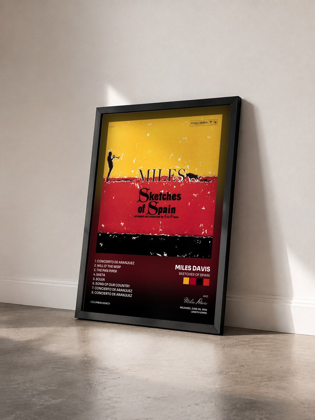 #noir Tableau de l'album Sketches Of Spain de Miles Davis vu de trois quarts, cadre noir