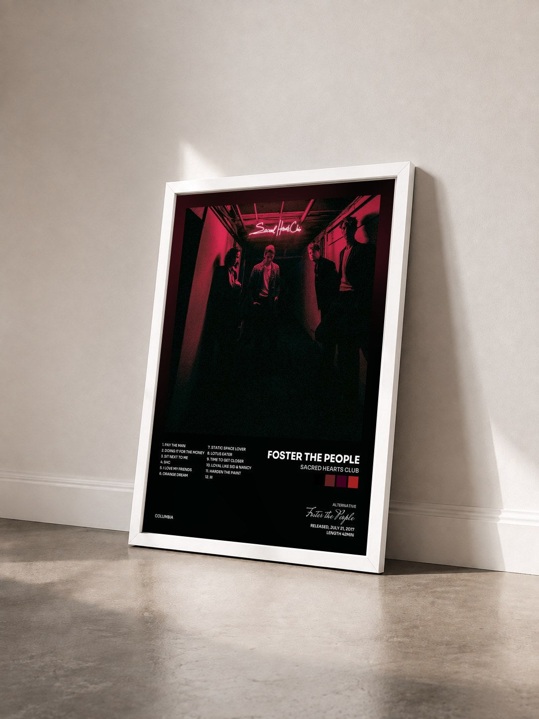 #blanc Sacred Hearts Club by Foster the People as a framed art print seen at an angle, white frame