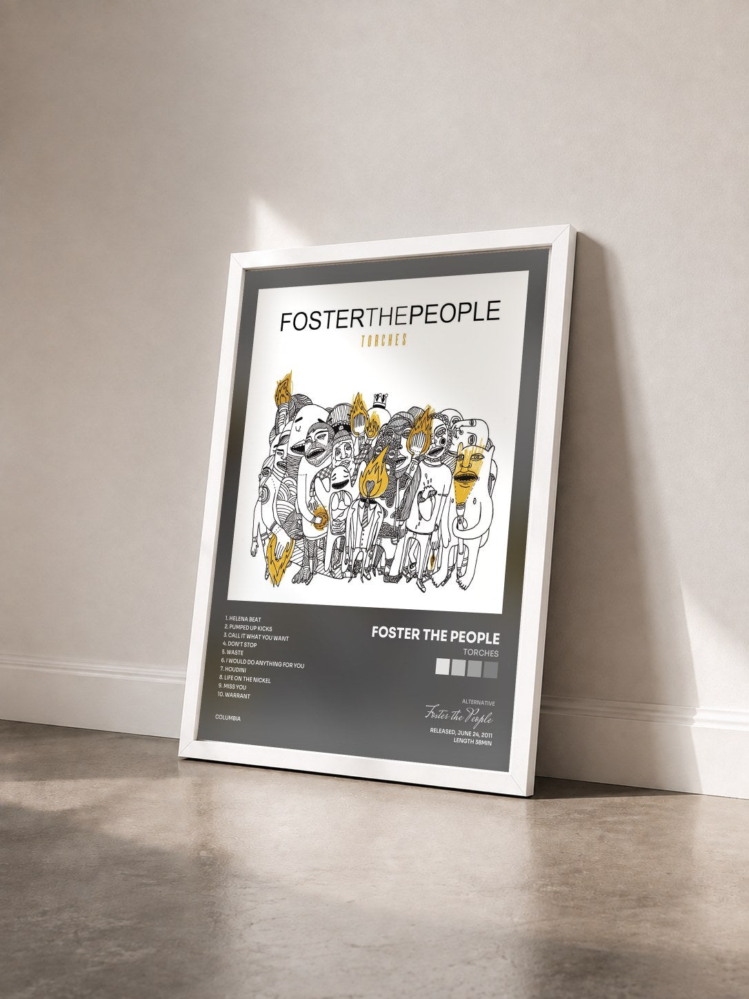 #blanc Torches by Foster the People as a framed art print seen at an angle, white frame
