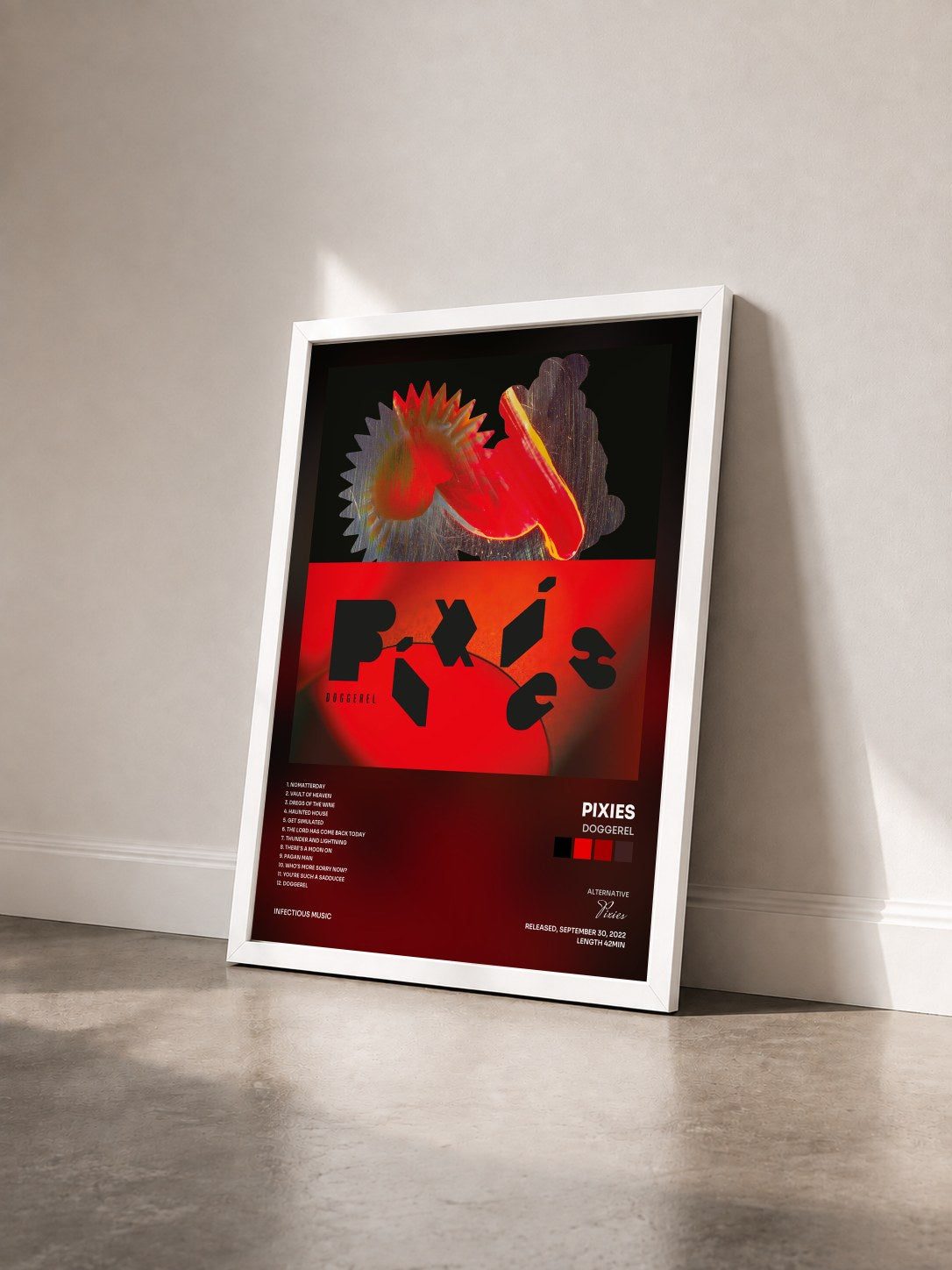 #blanc Tableau de l'album Doggerel de Pixies vu de trois quarts, cadre blanc