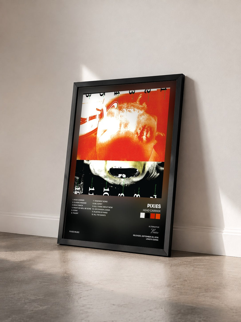 #noir Tableau de l'album Head Carrier de Pixies vu de trois quarts, cadre noir