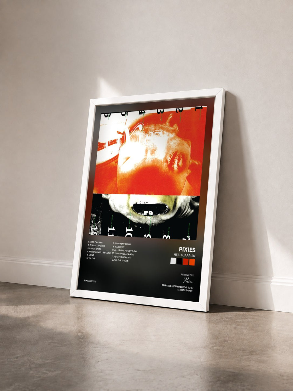 #blanc Tableau de l'album Head Carrier de Pixies vu de trois quarts, cadre blanc