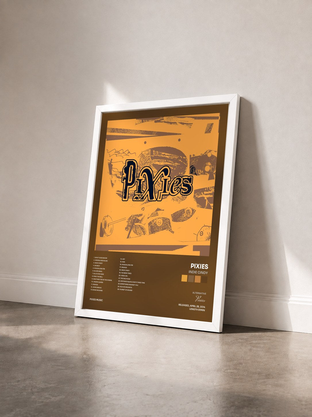 #blanc Tableau de l'album Indie Cindy de Pixies vu de trois quarts, cadre blanc