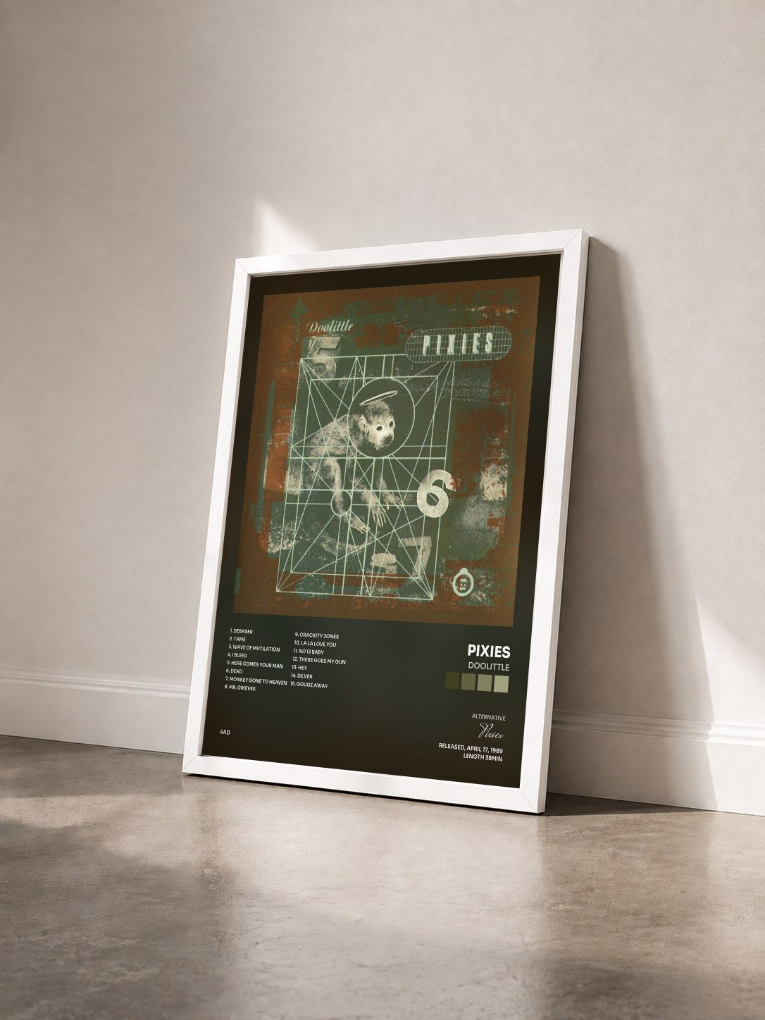 #blanc Tableau de l'album Doolittle de Pixies vu de trois quarts, cadre blanc