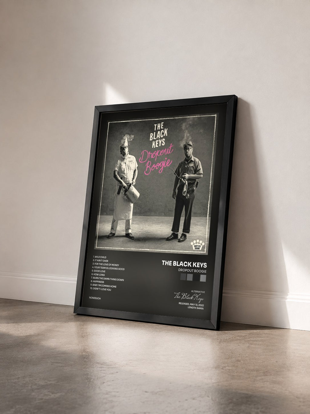 #noir Dropout Boogie by The Black Keys as a framed art print seen at an angle, black frame