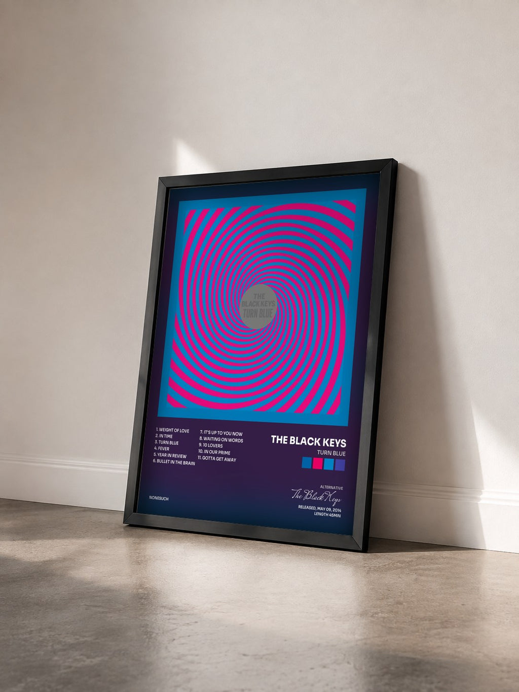 #noir Turn Blue by The Black Keys as a framed art print seen at an angle, black frame