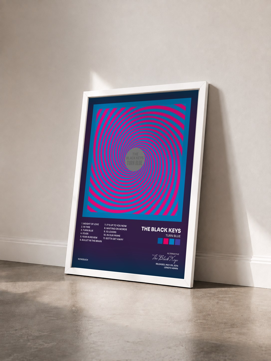 #blanc Tableau de l'album Turn Blue de The Black Keys vu de trois quarts, cadre blanc