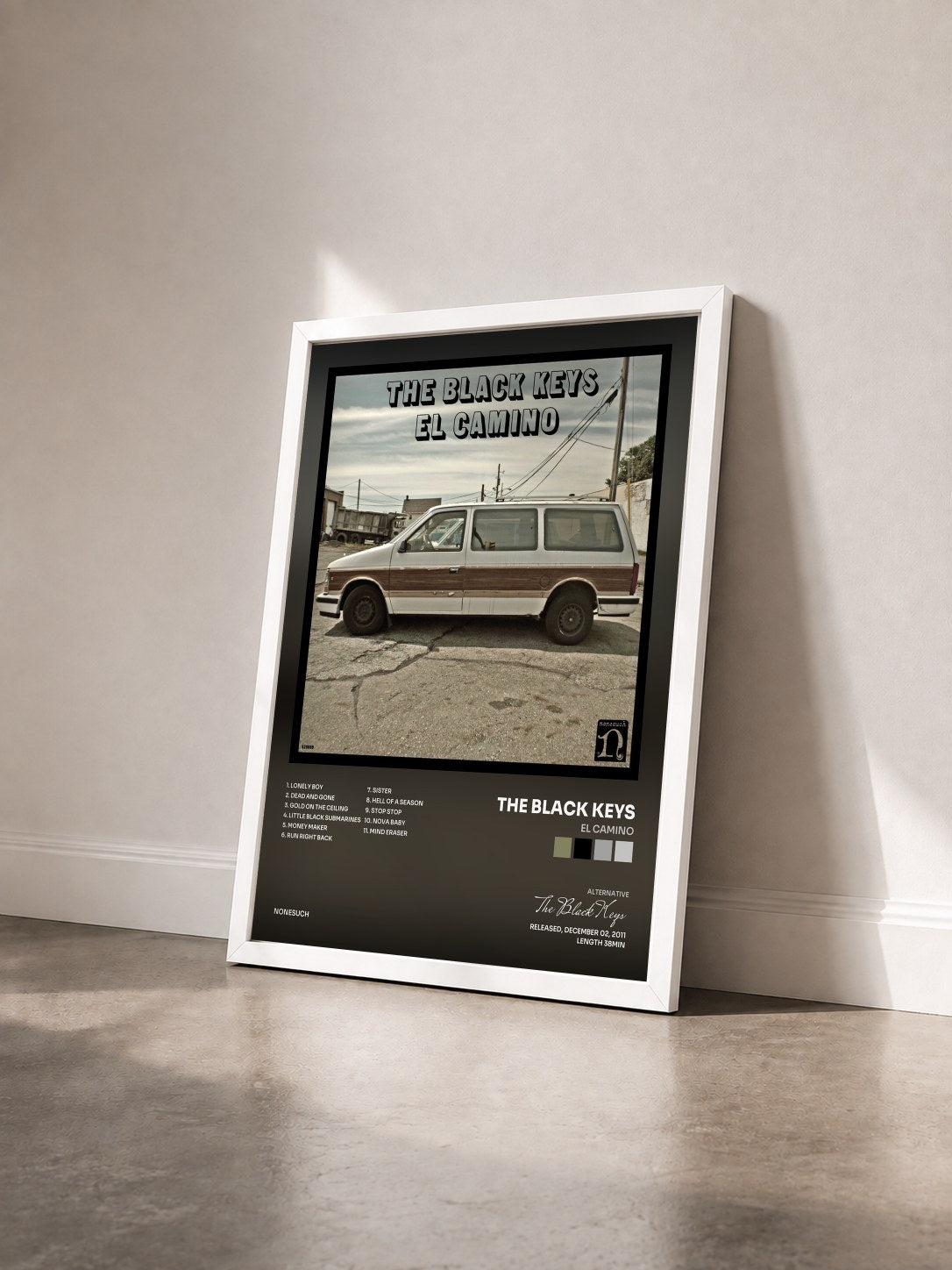 #blanc Tableau de l'album El Camino de The Black Keys vu de trois quarts, cadre blanc