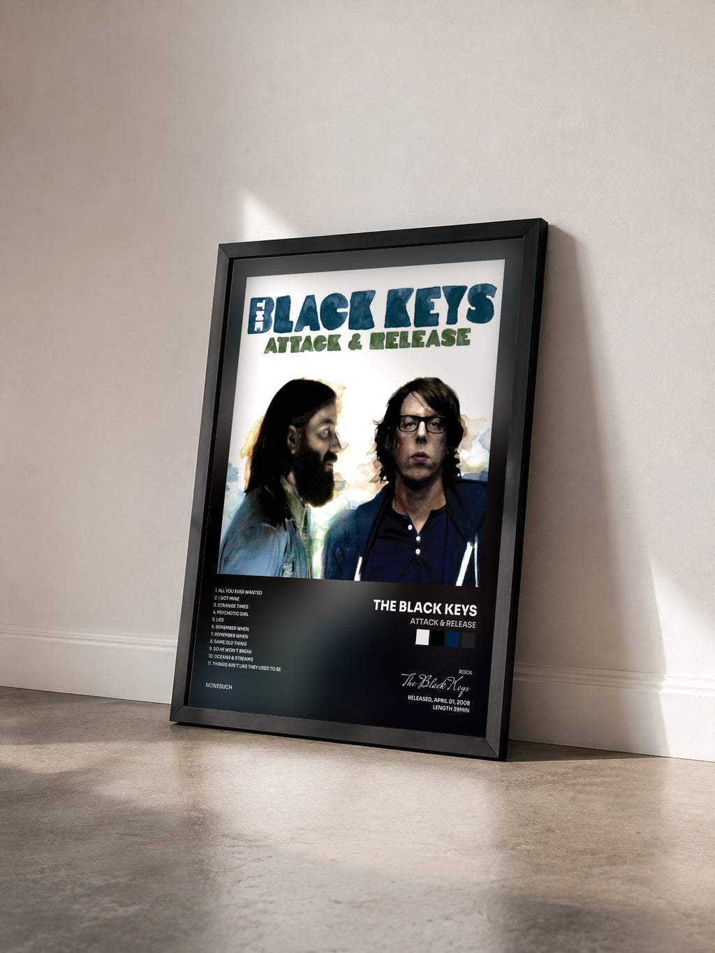 #noir Attack & Release by The Black Keys as a framed art print seen at an angle, black frame