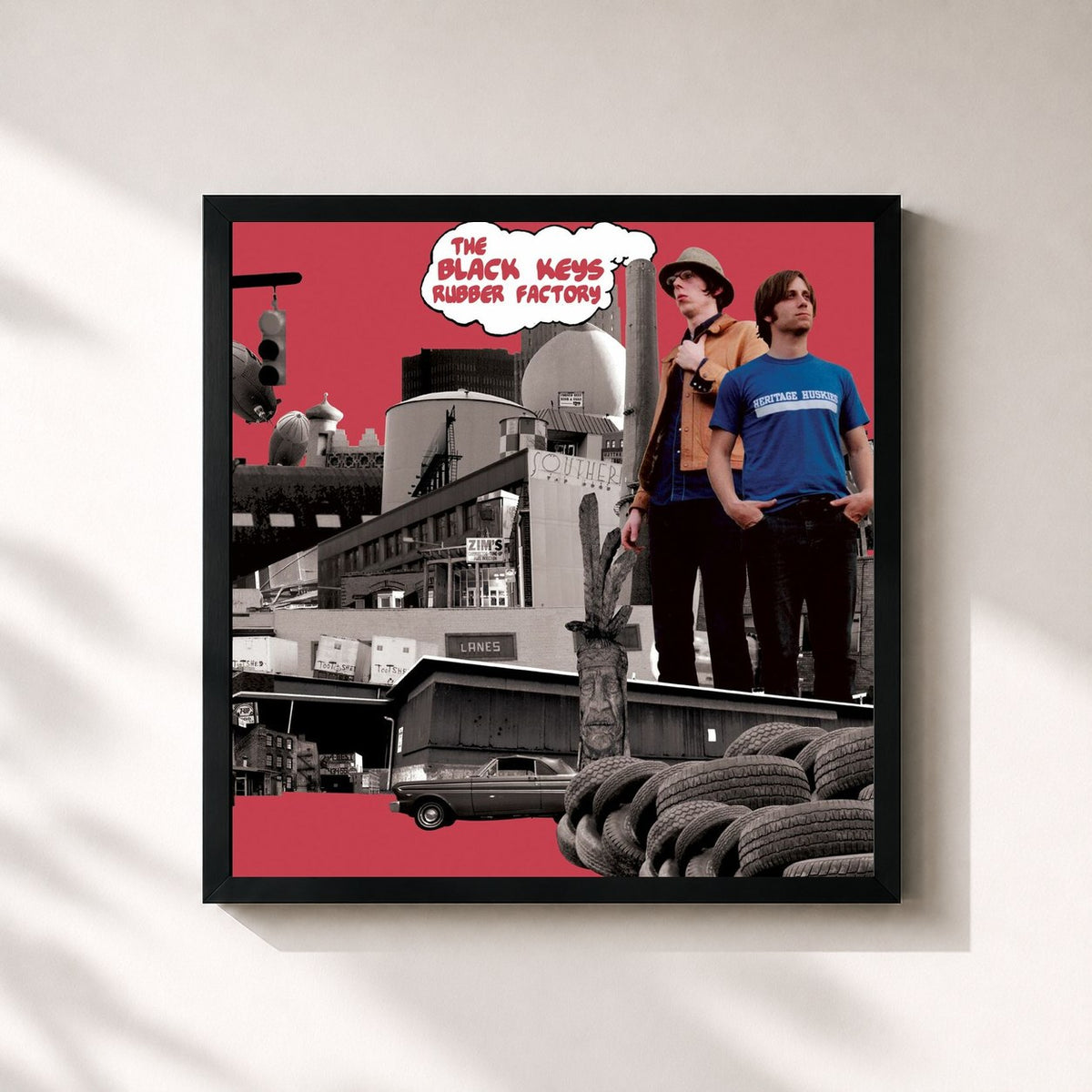 #noir Tableau carré de l'album Rubber Factory de The Black Keys, cadre noir 32x32 cm