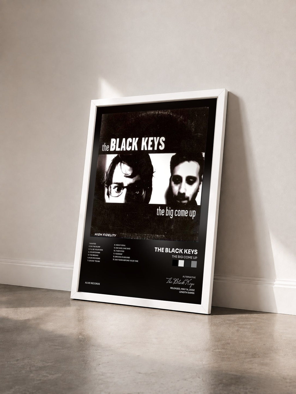 #blanc The Big Come Up di The Black Keys in stampa incorniciata vista di tre quarti, cornice bianca