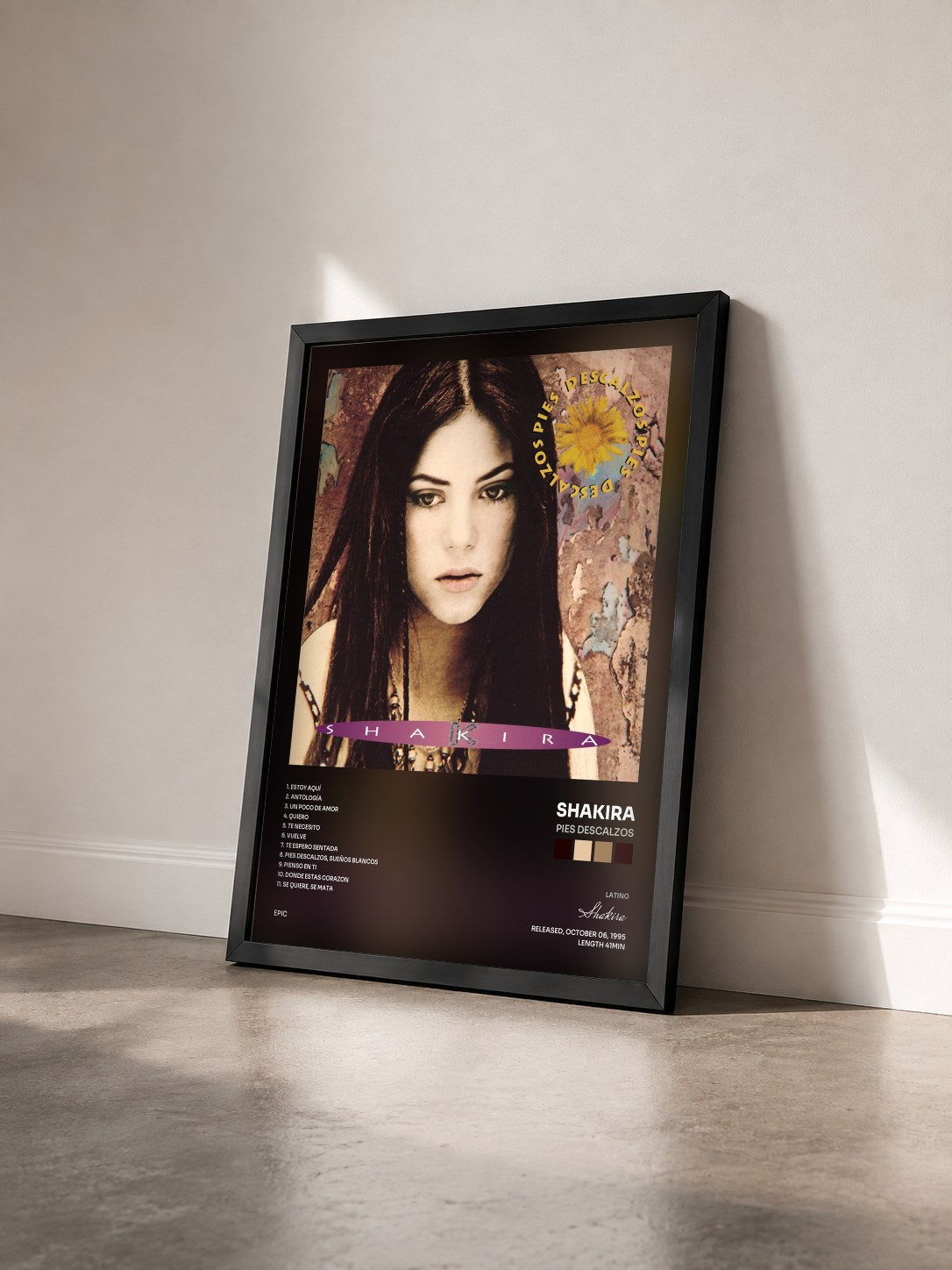 #noir Tableau de l'album Pies Descalzos de Shakira vu de trois quarts, cadre noir