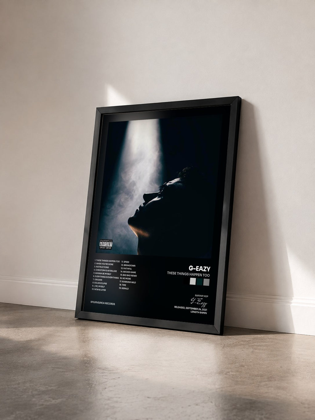 #noir These Things Happen Too by G-Eazy as a framed art print seen at an angle, black frame
