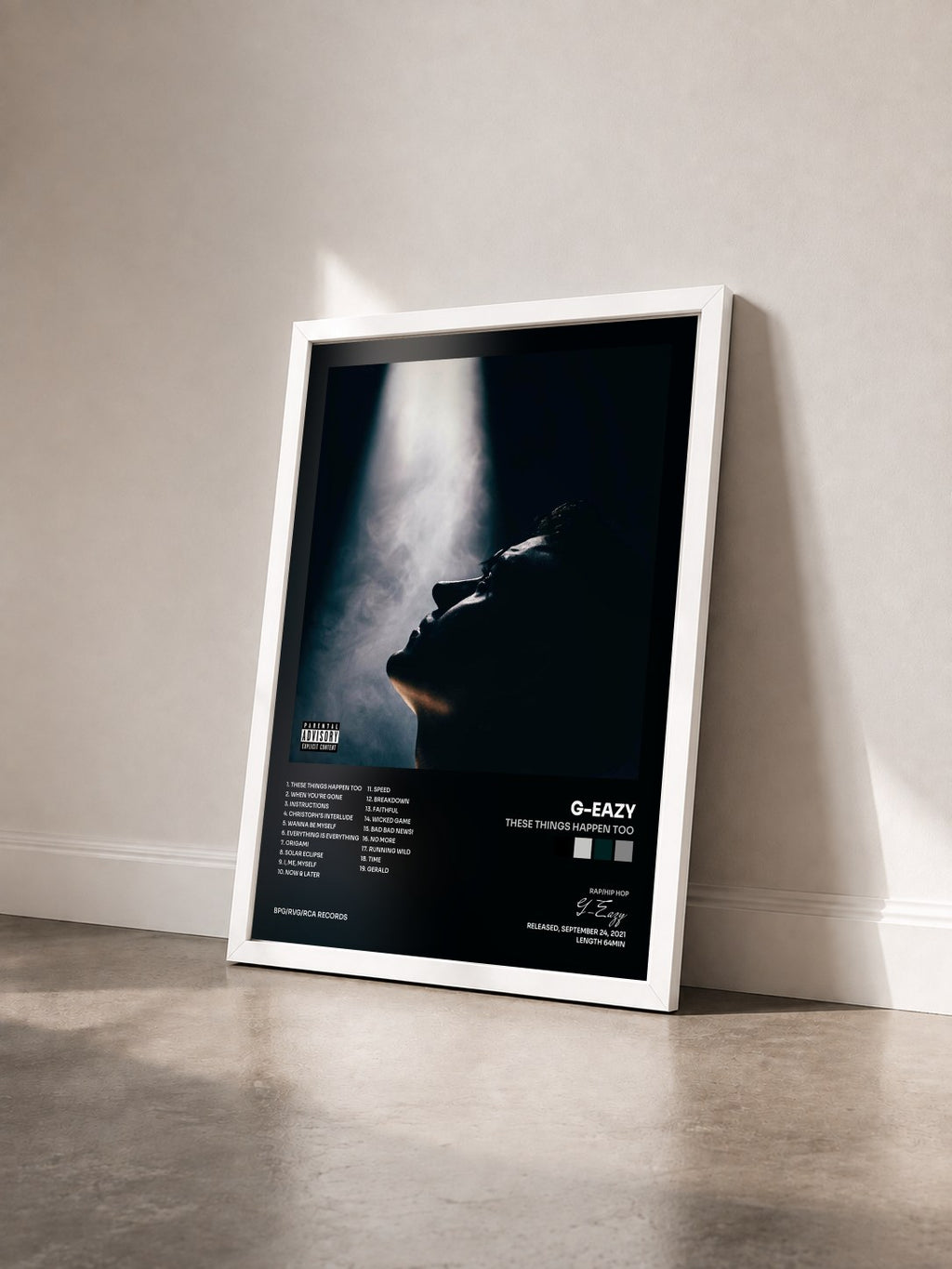 #blanc These Things Happen Too by G-Eazy as a framed art print seen at an angle, white frame