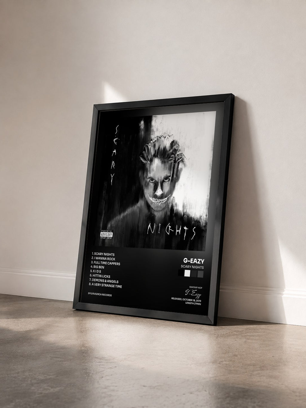 #noir Scary Nights by G-Eazy as a framed art print seen at an angle, black frame