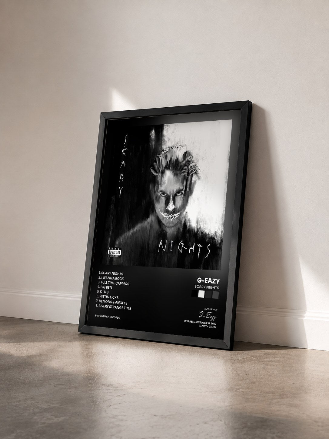 #noir Scary Nights de G-Eazy en lámina enmarcada vista de tres cuartos, marco negro