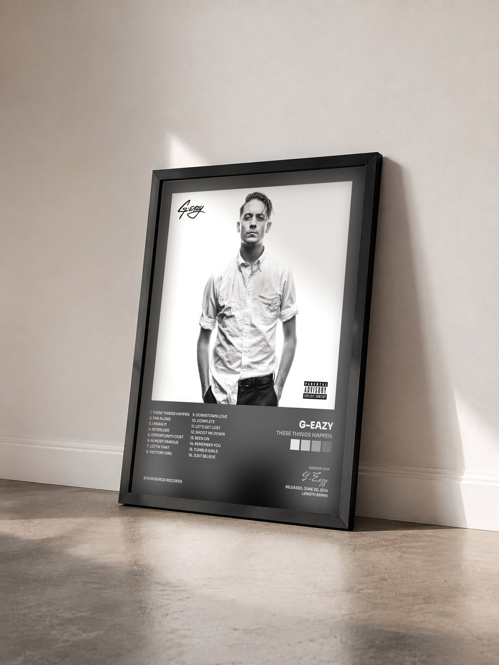 #noir These Things Happen von G-Eazy als gerahmter Kunstdruck von schräg gesehen, schwarzer Rahmen