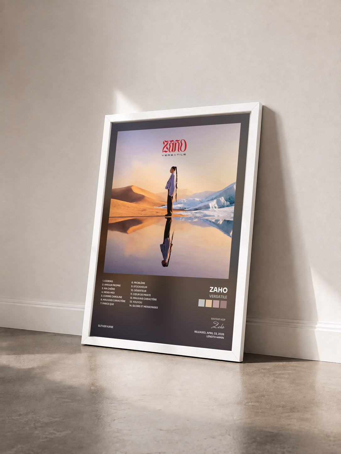 #blanc Tableau de l'album VERSATILE de Zaho vu de trois quarts, cadre blanc