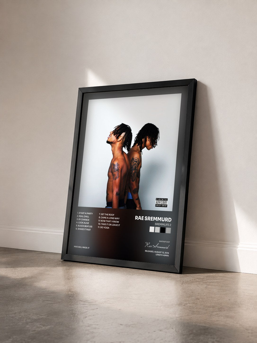 #noir SremmLife 2 by Rae Sremmurd as a framed art print seen at an angle, black frame