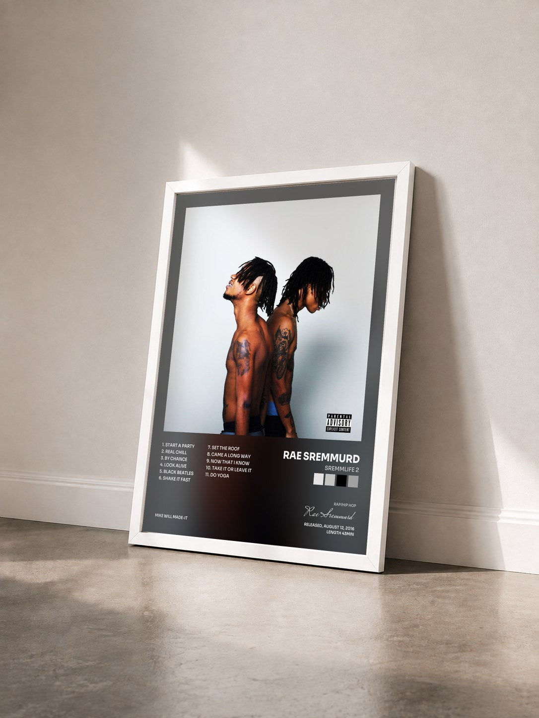 #blanc SremmLife 2 by Rae Sremmurd as a framed art print seen at an angle, white frame