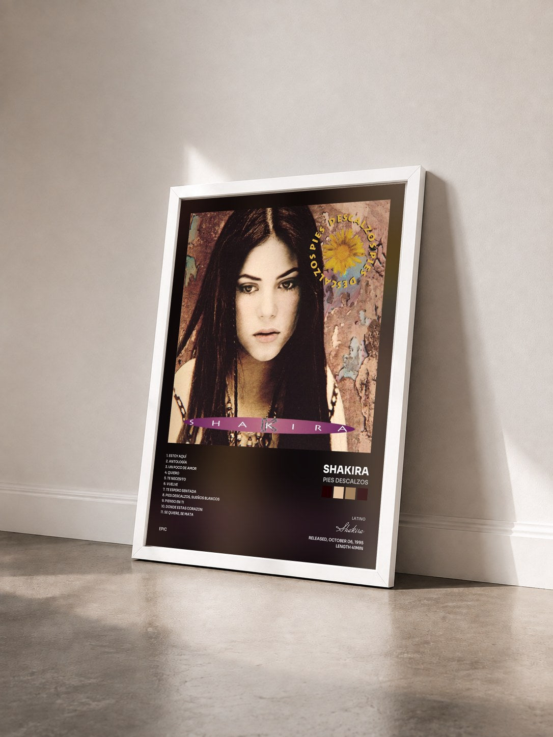 #blanc Tableau de l'album Pies Descalzos de Shakira vu de trois quarts, cadre blanc