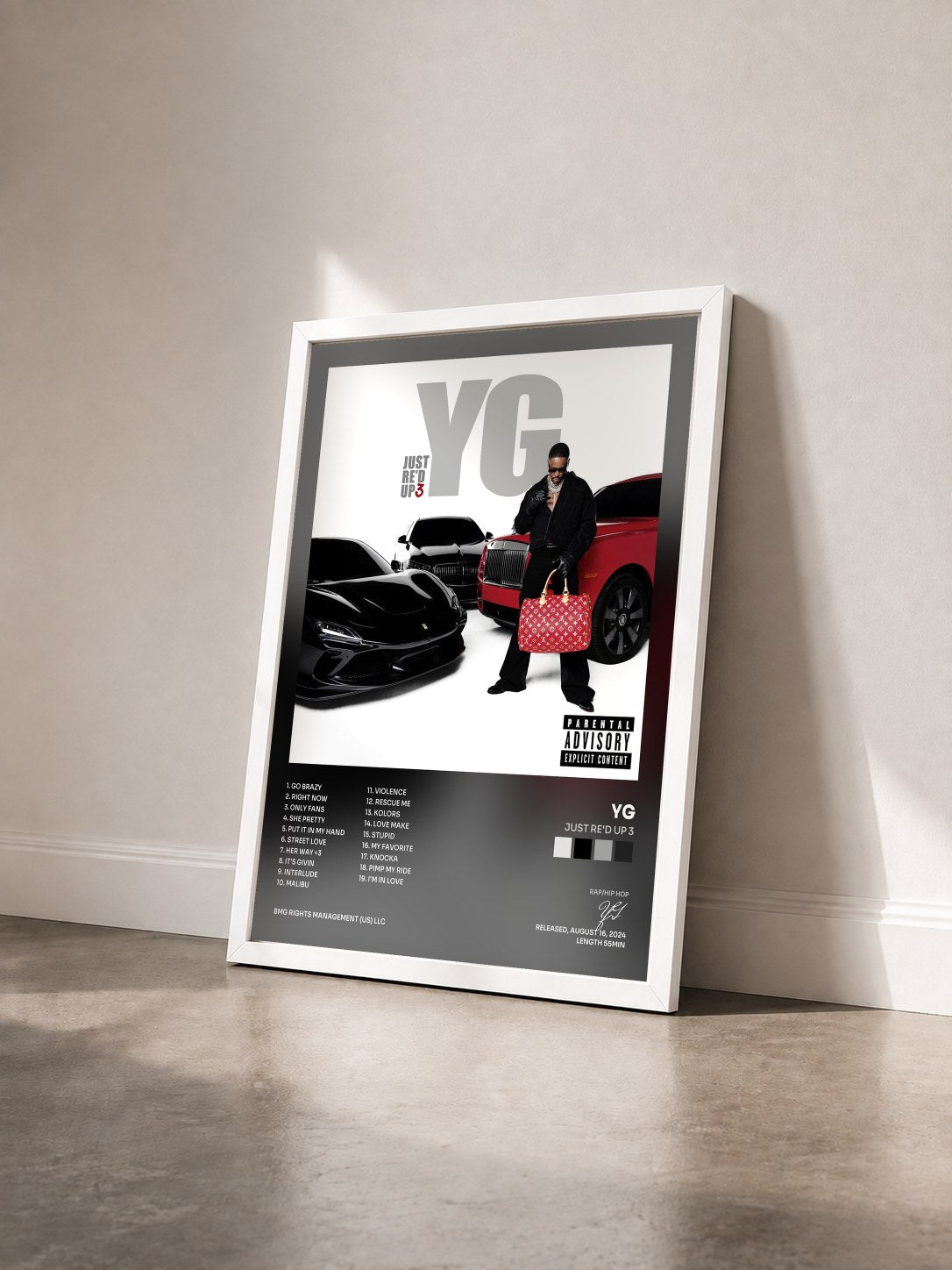 #blanc Tableau de l'album JUST RE'D UP 3 de YG vu de trois quarts, cadre blanc