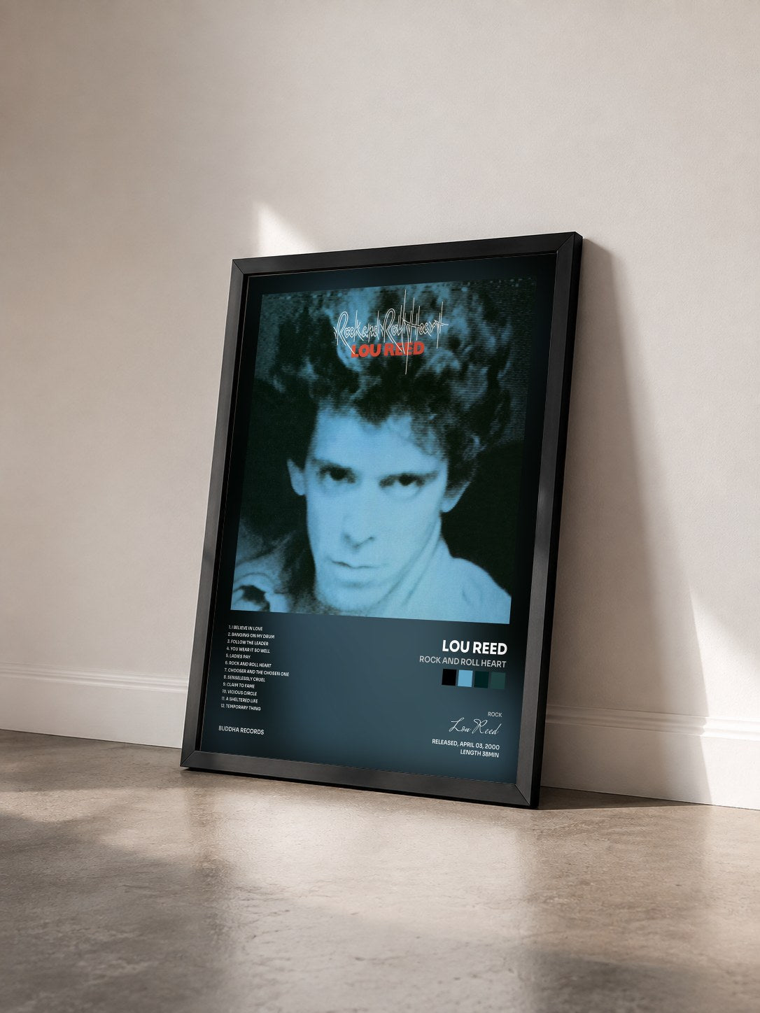 #noir Tableau de l'album Rock And Roll Heart de Lou Reed vu de trois quarts, cadre noir