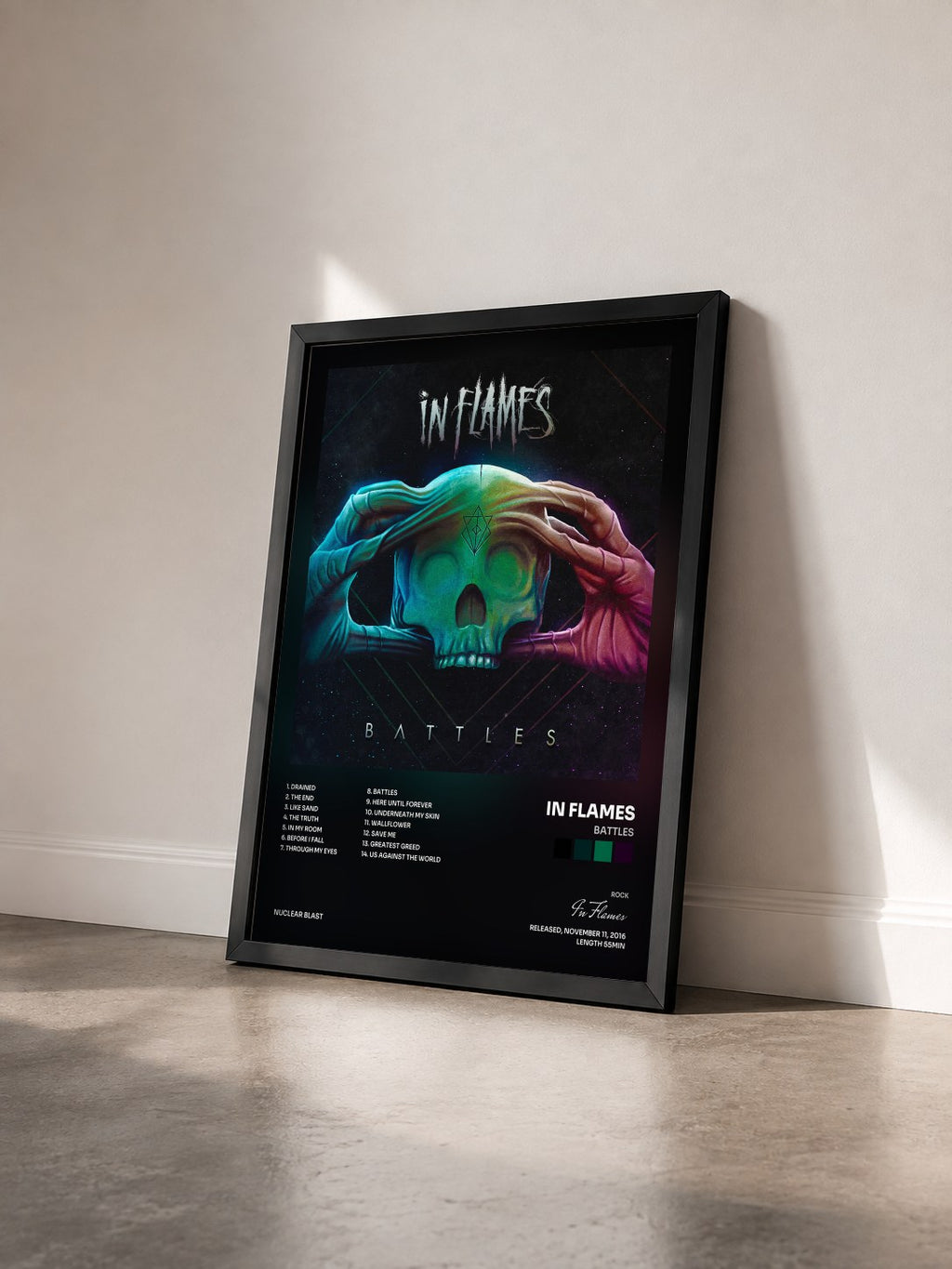 #noir Battles by In Flames as a framed art print seen at an angle, black frame