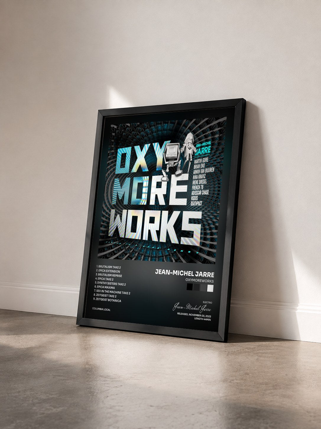#noir Tableau de l'album OXYMOREWORKS de Jean-Michel Jarre vu de trois quarts, cadre noir