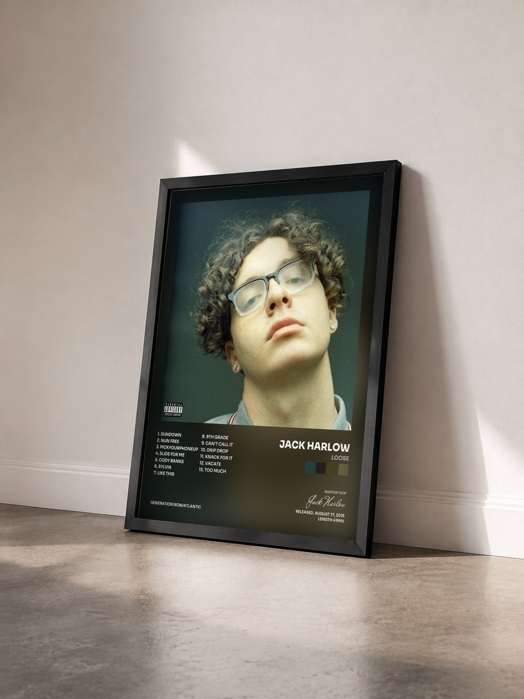#noir Loose de Jack Harlow en lámina enmarcada vista de tres cuartos, marco negro