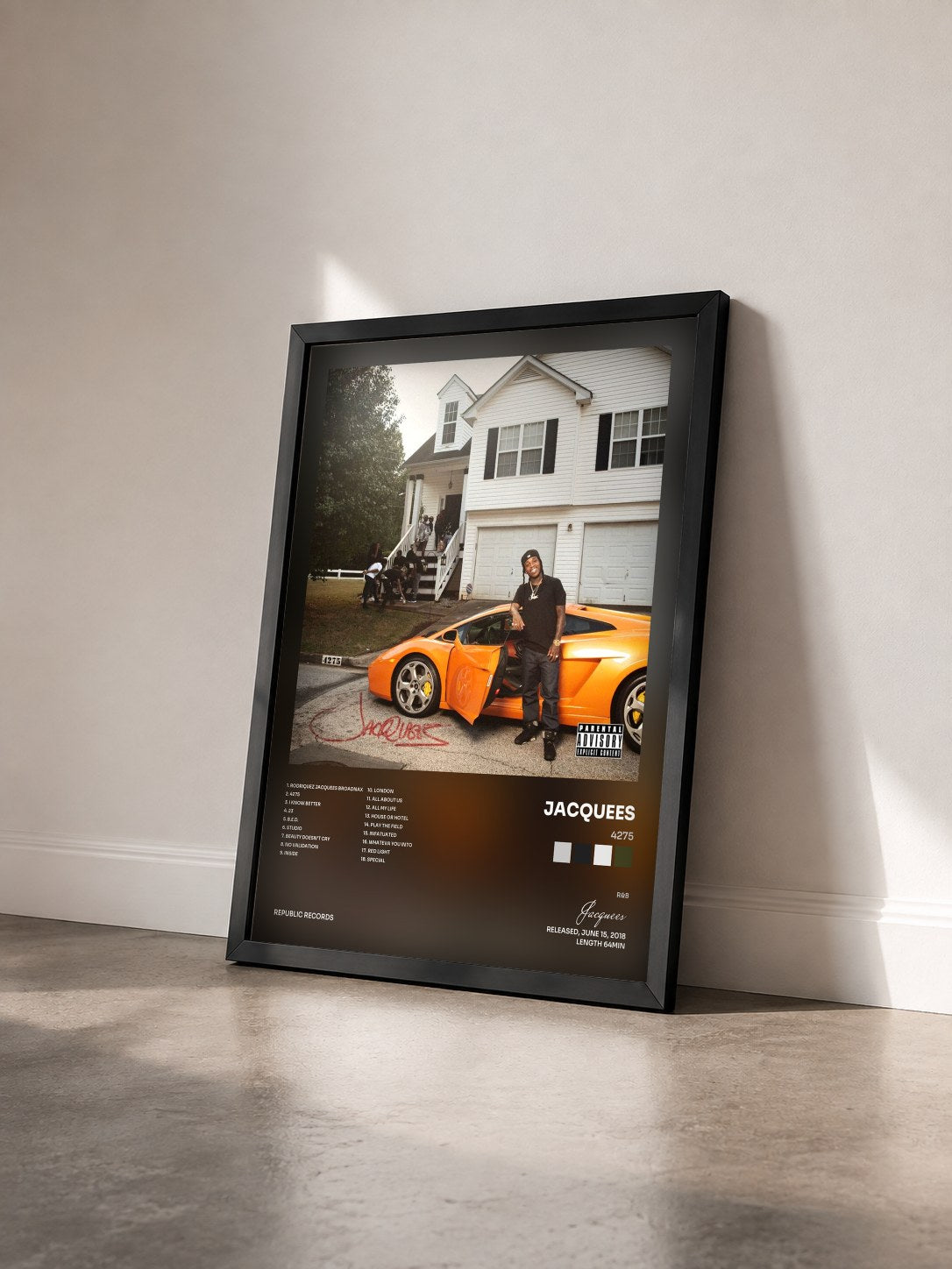 #noir 4275 by Jacquees as a framed art print seen at an angle, black frame