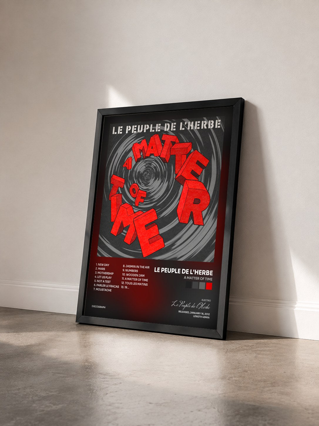 #noir Tableau de l'album A Matter Of Time de Le Peuple de l'Herbe vu de trois quarts, cadre noir