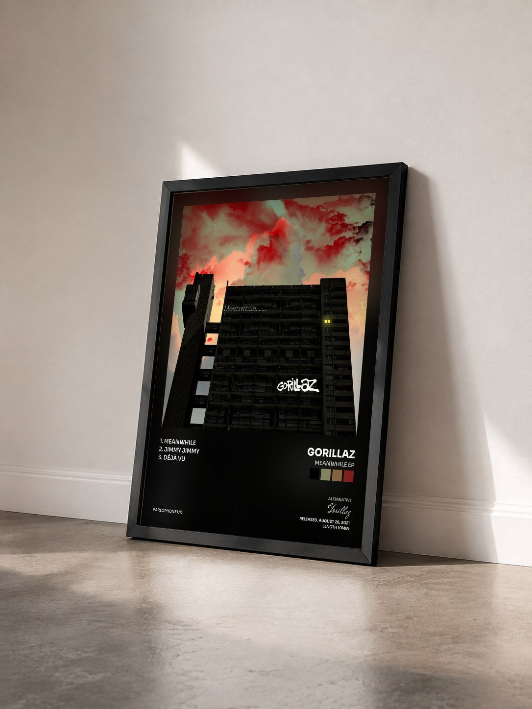 #noir Tableau de l'album Meanwhile EP de Gorillaz vu de trois quarts, cadre noir