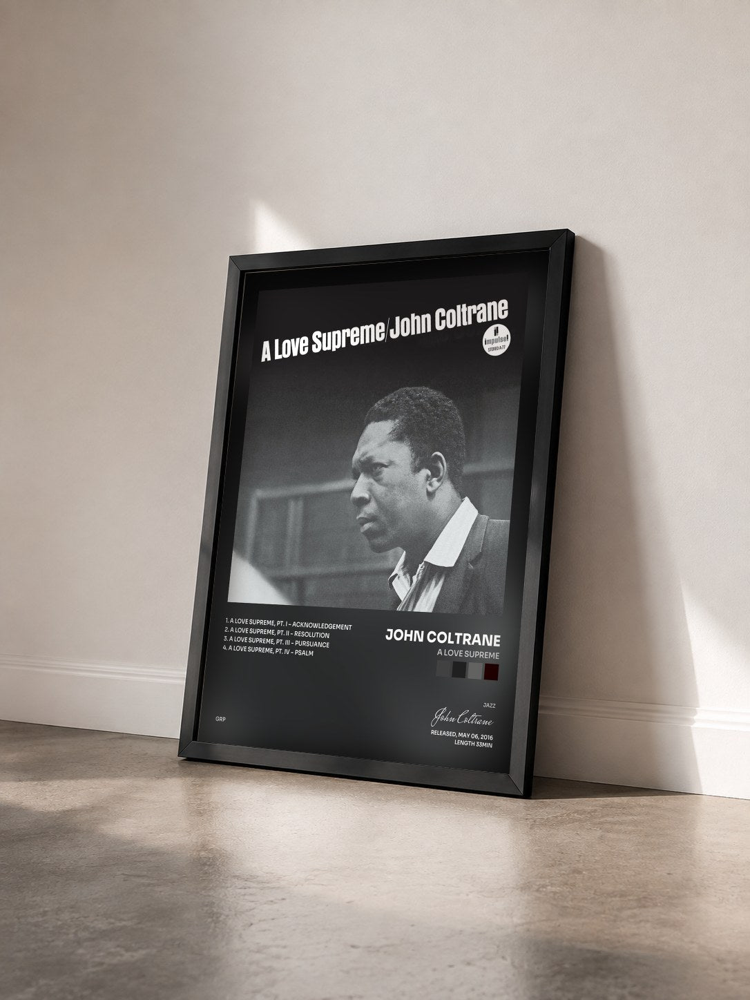 #noir Tableau de l'album A Love Supreme de John Coltrane vu de trois quarts, cadre noir
