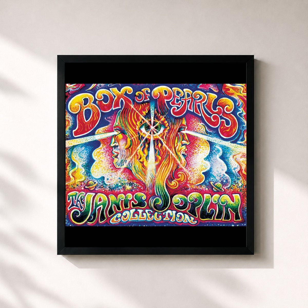 #noir Box Of Pearls by Janis Joplin as a square framed art print, black 32x32 cm frame