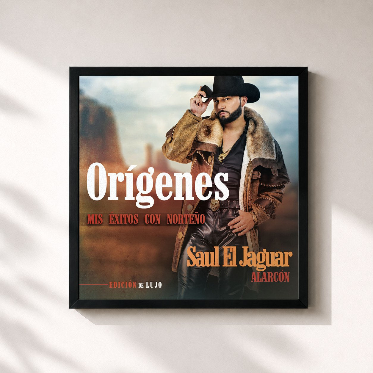#noir Tableau carré de l'album Orígenes - Mis Éxitos Con Norteño (Edición De Lujo) de Saul El Jaguar Alarcón, cadre noir 32x32 cm
