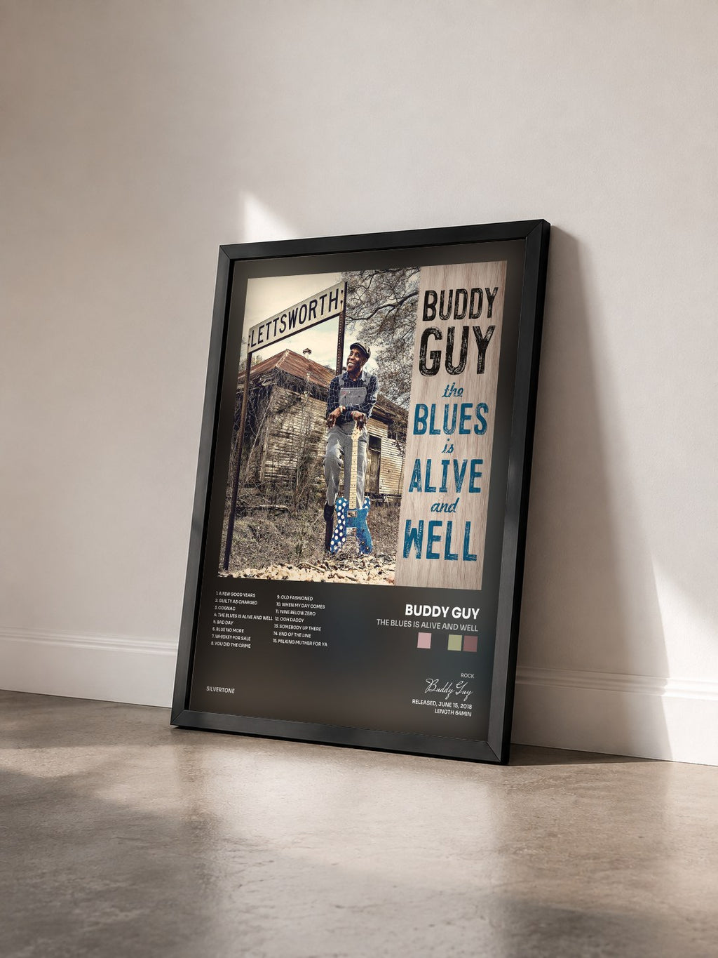 #noir The Blues Is Alive And Well de Buddy Guy en lámina enmarcada vista de tres cuartos, marco negro