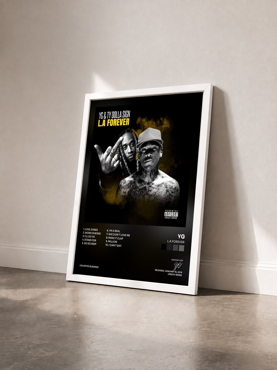 #blanc Tableau de l'album L.A Forever de YG vu de trois quarts, cadre blanc