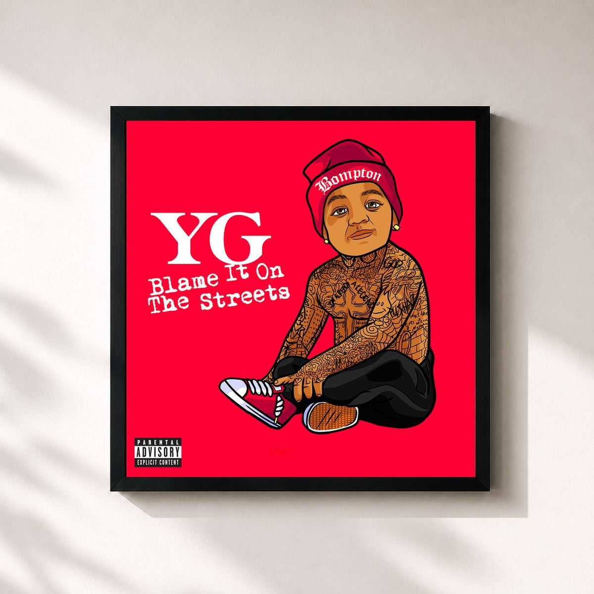 #noir Tableau carré de l'album Blame It On The Streets de YG, cadre noir 32x32 cm