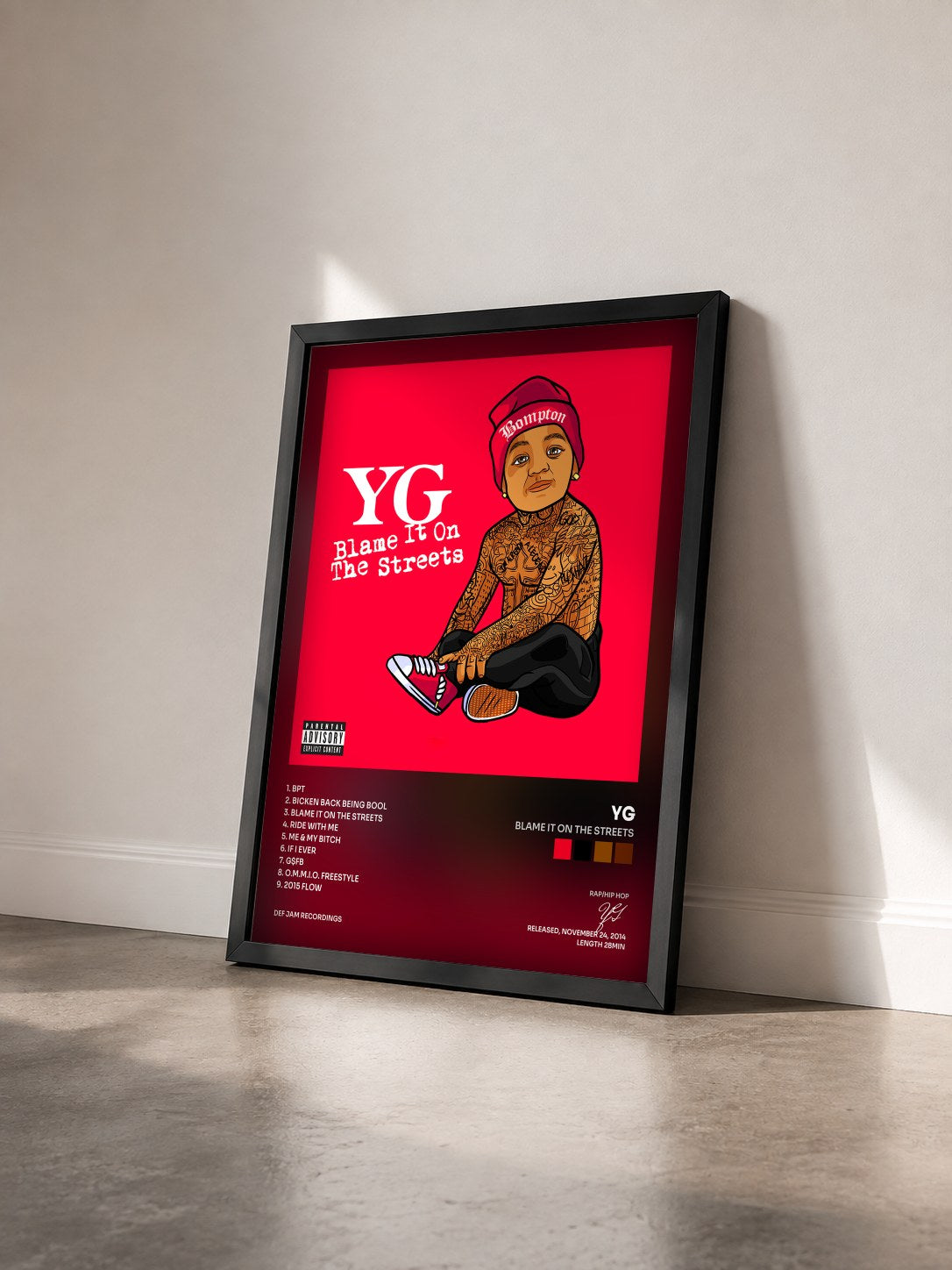 #noir Tableau de l'album Blame It On The Streets de YG vu de trois quarts, cadre noir