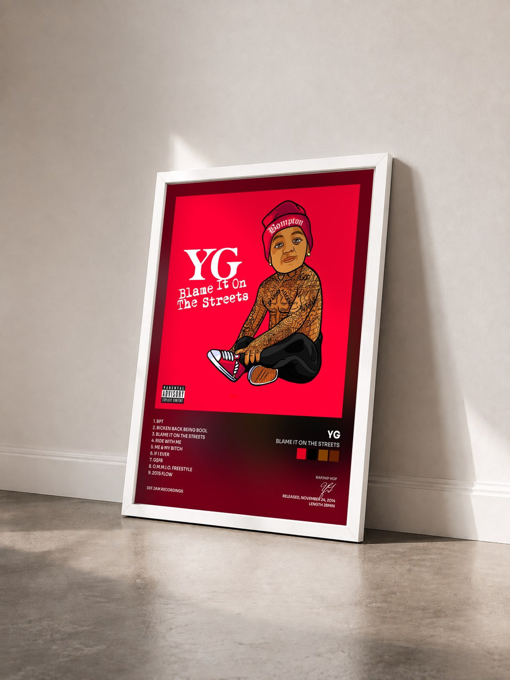 #blanc Tableau de l'album Blame It On The Streets de YG vu de trois quarts, cadre blanc