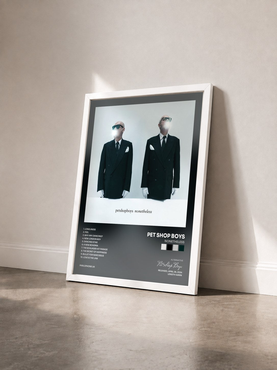 #blanc Tableau de l'album Nonetheless de Pet Shop Boys vu de trois quarts, cadre blanc