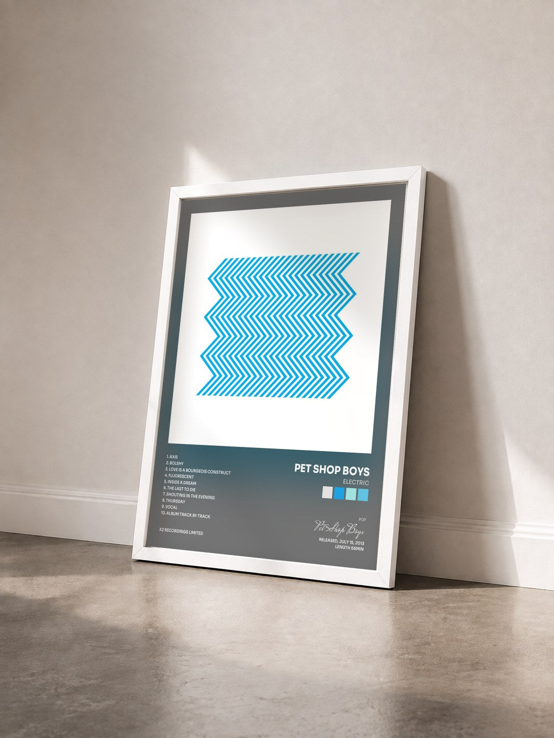 #blanc Tableau de l'album Electric de Pet Shop Boys vu de trois quarts, cadre blanc
