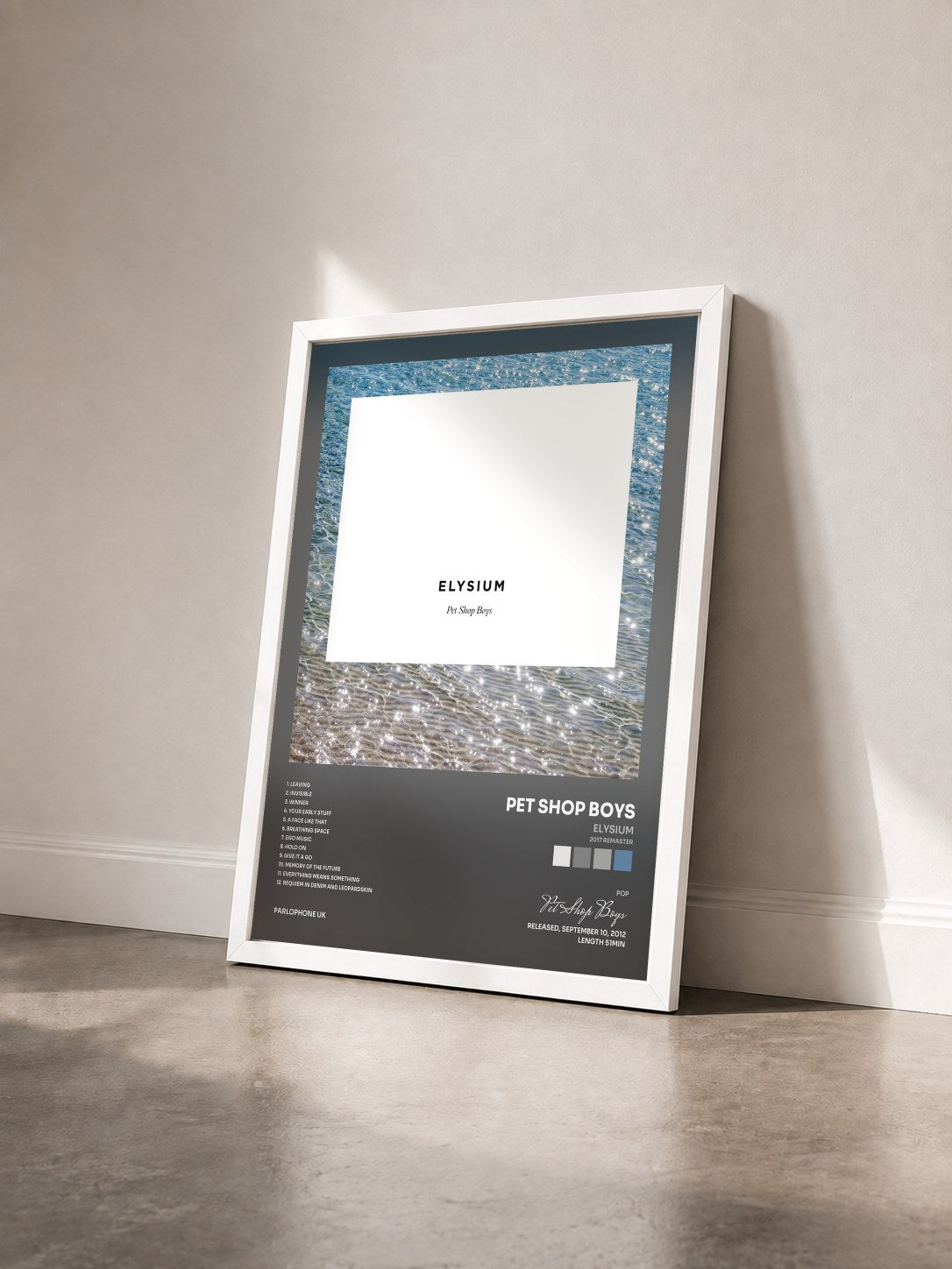 #blanc Tableau de l'album Elysium (2017 Remaster) de Pet Shop Boys vu de trois quarts, cadre blanc