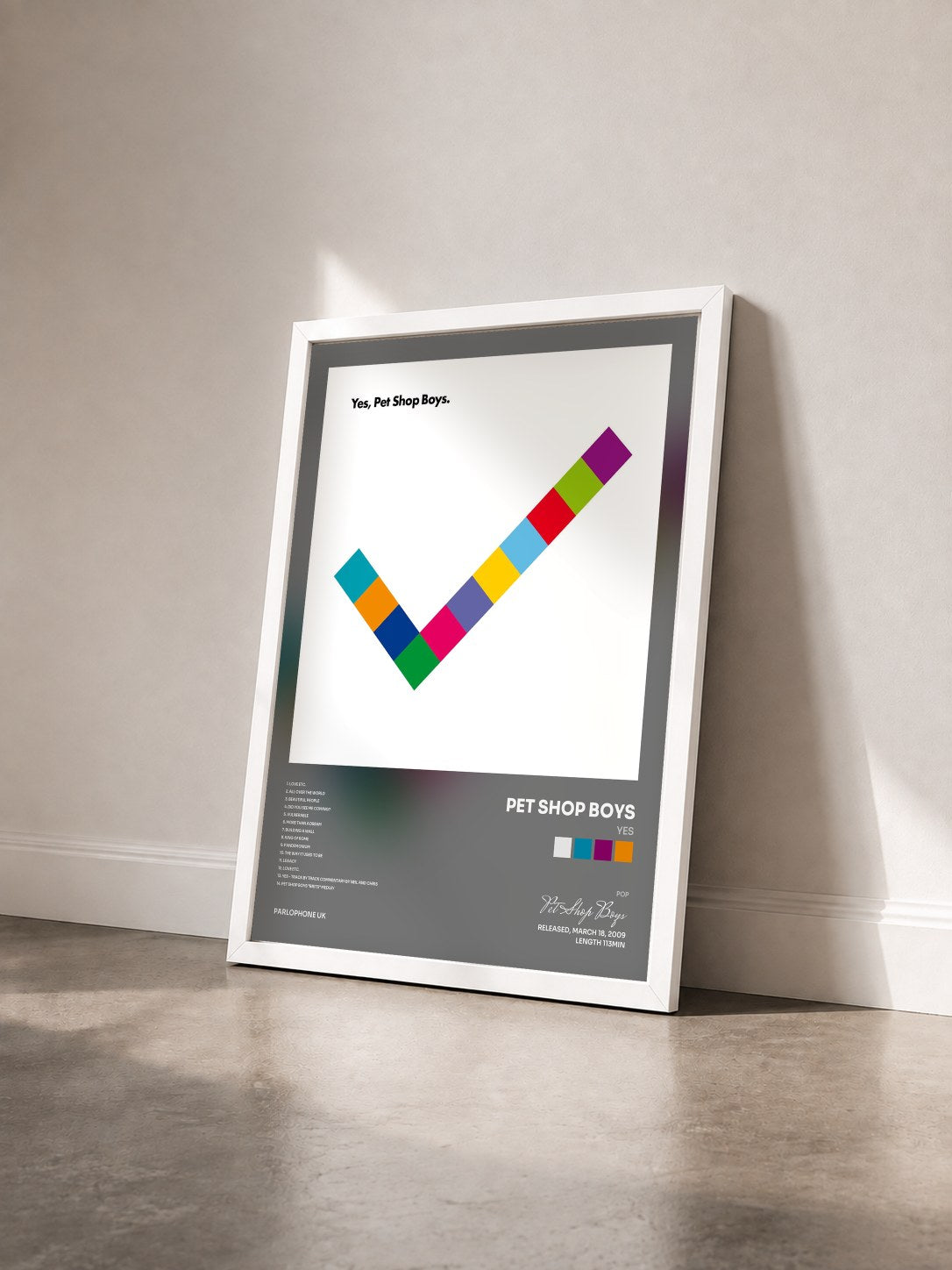 #blanc Tableau de l'album Yes de Pet Shop Boys vu de trois quarts, cadre blanc