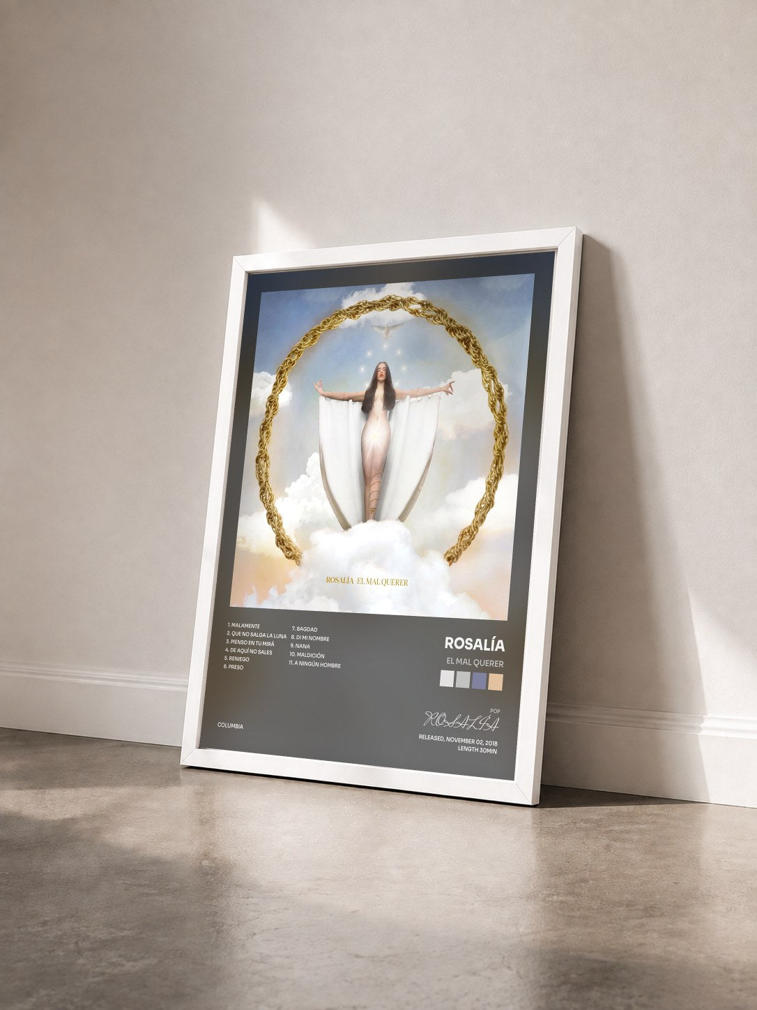#blanc Tableau de l'album El Mal Querer de ROSALÍA vu de trois quarts, cadre blanc