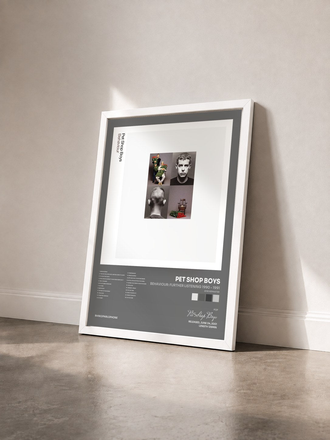 #blanc Tableau de l'album Behaviour: Further Listening 1990 - 1991 (2018 Remaster) de Pet Shop Boys vu de trois quarts, cadre blanc