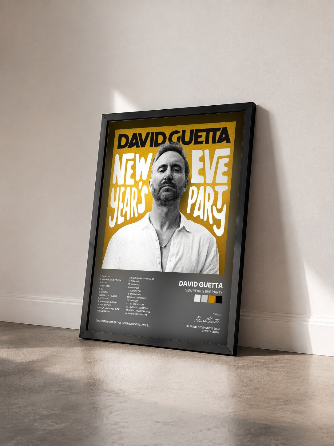 #noir Tableau de l'album New Year's Eve Party de David Guetta vu de trois quarts, cadre noir