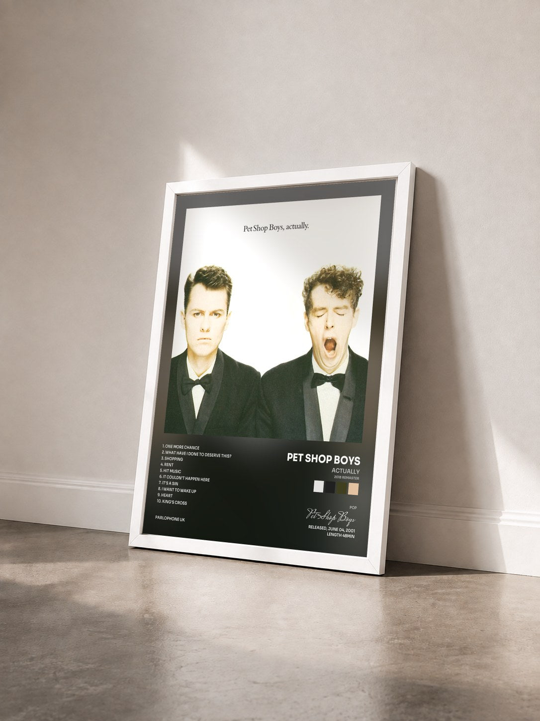 #blanc Tableau de l'album Actually (2018 Remaster) de Pet Shop Boys vu de trois quarts, cadre blanc